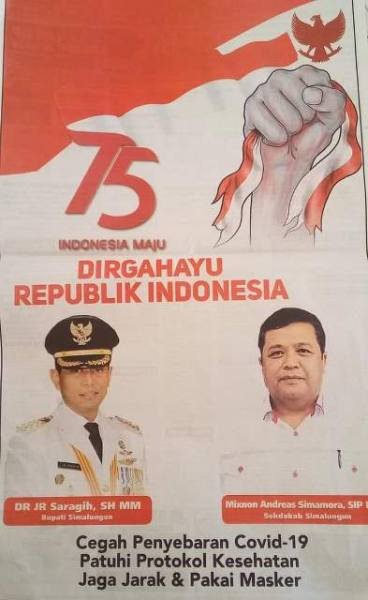 Iklan ucapan selamat HUT RI ke - 75 dari Bupati Simalungun dan Sekdakab Simalungun. Anehnya, iklan ini tidak memuat Wakil Bupati Simalungun. Ada apa?. (foto: istimewa)