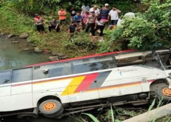 Bus rombongan dari Pemerintah Kabupaten Agam Provinsi Sumatera Barat mengalami kecelakaan tunggal di Desa Lumban Pasir Kabupaten Mandailing Natal Provinsi Sumatera Utara, Senin (8/2). (foto: istimewa)