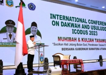Gubernur Sumut, Edy Rahmayadi menghadiri International Conference on Dakwah and Usuluddin (ICODUS) yang diselenggarakan oleh Korps Alumin Himpunan Mahasiswa Islam (KAHMI) di Aula Raja Inal Siregar, lantai 2 Kantor Gubernur Sumut, Jalan Diponegoro No. 30 Medan, Selasa (28/2/2023). (Diskominfo)
