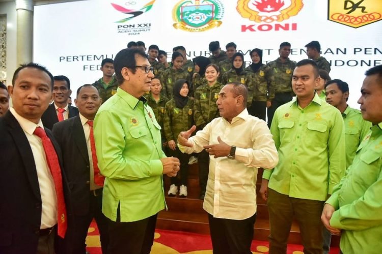 Gubernur Sumatera Utara (Sumut) Edy Rahmayadi melaksanakan Rapat Koordinasi (Rakor) dengan Pengurus Provinsi (Pengprov) Federasi Olahraga Karate-Do Indonesia (Forki) Sumut di Aula Raja Inal Siregar, Lantai 2 Kantor Gubernur Sumut, Jalan Pangeran Diponegoro Medan, Selasa (4/4/2023).  (Diskominfo)