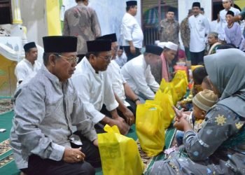 Wakil Wali Kota Padangsidempuan Arwin Siregar saat memberikan bantuan tali asih stunting berupa bantuan makanan tambahan untuk pencegahan stunting pada anak-anak. (IST)