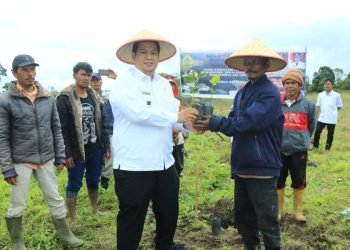 Bupati saat menyerahkan bantuan kepada petani.(Suriono Brandoi)