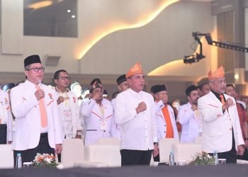 Gubernur Sumatera Utara (Sumut) Edy Rahmayadi menghadiri Konsolidasi Pemenangan Pemilu Partai Keadilan Sejahtera (PKS) di Medan International Convention Centre, Jalan Gagak Hitam Nomor 7, Medan, Sabtu (15/7/2023). (Diskominfo Sumut)