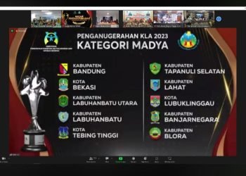 Pengumuman penghargaan  di mana Kabupaten Tapsel meraih penghargaan KLA kategori Madya dari Kementerian PPPA yang disiarkan langsung dari Kota Semarang, Provinsi Jawa Tengah, Sabtu  (22/7/2023) malam. (IST).
