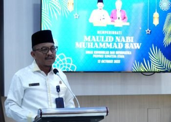 Dinas Komunikasi dan Informatika (Kominfo) Sumatera Utara (Sumut) menyelenggarakan acara peringatan Maulid Nabi Muhammad SAW 1445 H di Aula Transparansi Dinas Kominfo Sumut, Jalan HM Said Nomor 27, Medan, Kamis (12/10).  (DISKOMINFO SUMUT)