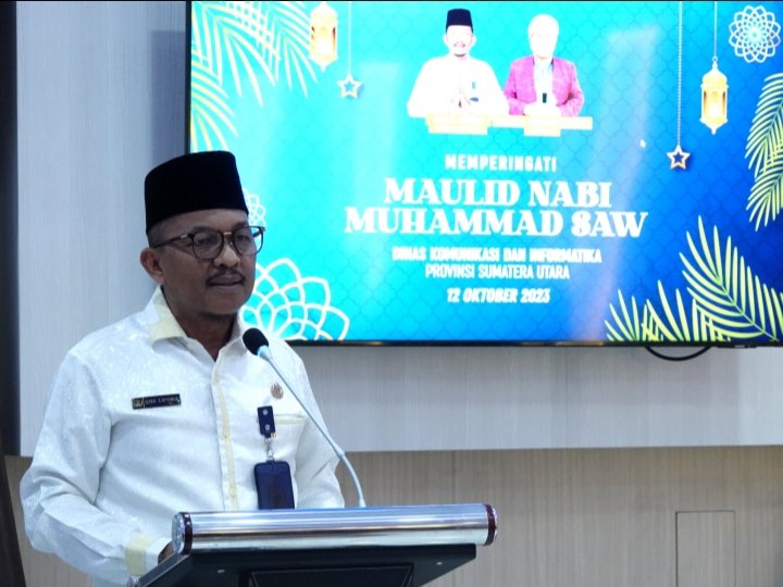 Dinas Komunikasi dan Informatika (Kominfo) Sumatera Utara (Sumut) menyelenggarakan acara peringatan Maulid Nabi Muhammad SAW 1445 H di Aula Transparansi Dinas Kominfo Sumut, Jalan HM Said Nomor 27, Medan, Kamis (12/10).  (DISKOMINFO SUMUT)