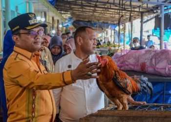 Pj.Wali Kota Padangsidimpuan Letnan Dalimunthe didampingi Kadis Perdagangan Ridoan Pasaribu saat sidak di Pajak Batu Kota Padangsidimpuan. (IST)