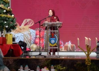 Ketua Dharma Wanita Persatuan (DWP) Provinsi Sumatera Utara (Sumut) Dian Arief S Trinugroho menghadiri dan memberi sambutan pada perayaan Natal DWP Tahun 2023 di Aula Raja Inal Siregar Kantor Gubernur Sumut Jalan Diponegoro Nomor 30 Medan, Selasa (12/12)(Diskominfo Provsu)
