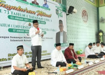 Asisten Pemerintahan dan Kesejahteraan Rakyat Pemprov Sumut Basarin Yunus Tanjung mewakili Pj Gubernur Sumut Hassanudin, menghadiri Tasyakuran Milad ke-73 Yayasan Universitas Islam Sumatera Utara (UISU)  di Masjid Jami' Almunawarrah UISU Jalan Sisingamangaraja Medan, Rabu (3/01). (Diskominfo Sumut)