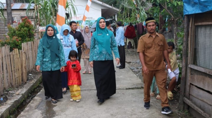 Ketua Tim Penggerak (TP) Pemberdayaan Kesejahteraan Keluarga (PKK) Kabupaten Tapsel Rosalina Dolly Pasaribu saat meninjau Desa Aek Gunung. (IST)