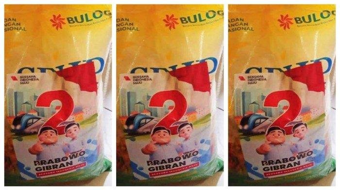 Beras Bulog ditempeli stiker Prabowo-Gibran.