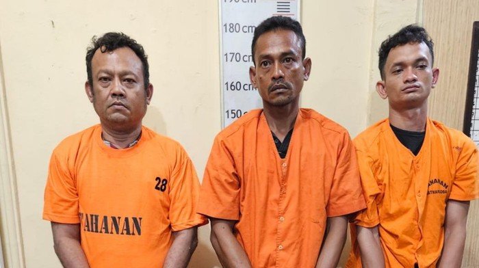 Ketiga tersangka dan barang bukti ganja.