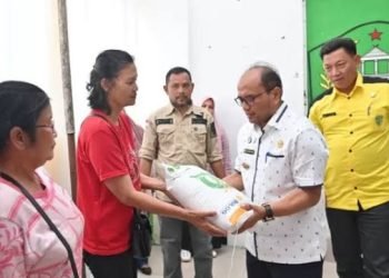 Pj.Wali Kota Padangsidimpuan Letnan Dalimunthe saat menyalurkan bantuan pangan Cadangan Beras Pemerintah (CBP) tahun 2024 kepada masyarakat. (IST)