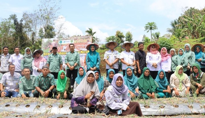 Bupati Tapsel Dolly Pasaribu bersama Ketua TP.PKK Tapsel Rosalina Dolly Pasaribu bersama Kelompok Tani (Koptan) desa Simaninggir Kecamatan  Marancar Kabupaten Tapsel photo bersama usai panen perdana bawang merah. (IST)