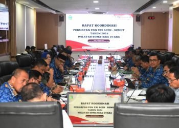 Pj Gubernur Sumatera Utara Hassanudin didampingi Ketua Harian PON 2024 Afifi Lubis memimpin Rapat Koordinasi Persiapan Pekan Olahraga Nasional (PON) XXI Aceh - Sumut Tahun 2024 Wilayah Sumut, di Ruang Rapat 1 lantai 2 Kantor Gubernur Sumut Jalan Diponegoro No 30, Medan, Senin (19/02). (IST)