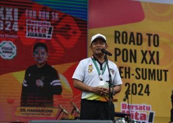 Pj  Gubernur Sumut Hassanudin pada acara Road to PON XXI 2024 Aceh-Sumut di Lapangan Benteng, Jalan Pengadilan, Medan, Minggu (25/2). (DISKOMINFO SUMUT)
