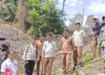 Kapolsek Silau Kahean, AKP JH Sinaga bersama personel dan perangkat desa saat mendatangi objek hutan yang terbakar. 