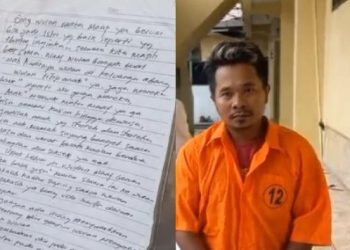 Tersangka saat diamankan dan bukti surat wasiat yang ditulisnya. 