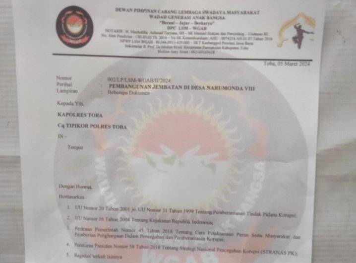 Tanda Terima Laporan Dari Tipikor Polres Toba. (IST)
