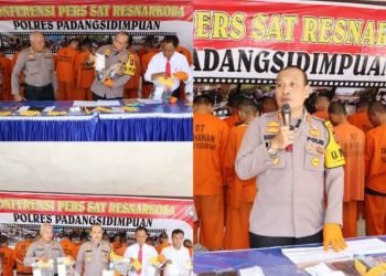 Kapolres Padangsidimpuan AKBP Dudung Setyawan didampingi Kasat Narkoba AKP Jasama H Sidabutar saat konferensi pers sindikat narkoba.