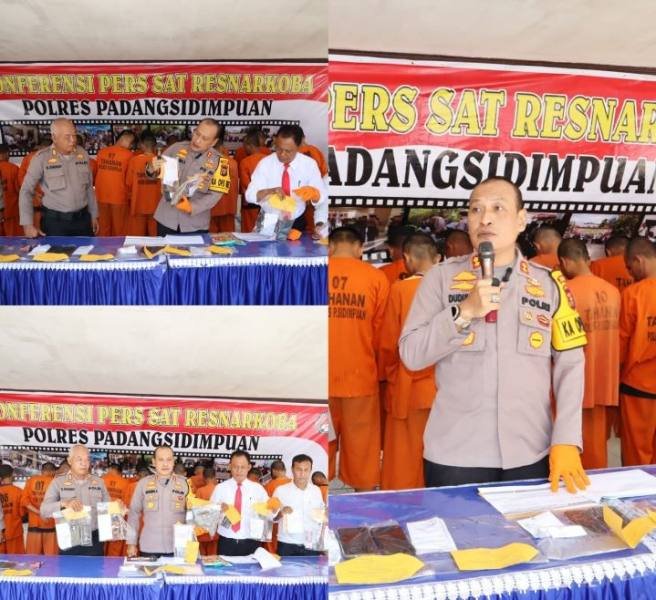 Kapolres Padangsidimpuan AKBP Dudung Setyawan didampingi Kasat Narkoba AKP Jasama H Sidabutar saat konferensi pers sindikat narkoba.