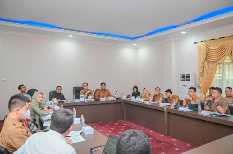 Plt. Sekdako Padangsidimpuan Roni Gunawan Rambe didampingi Kadis Kominfo Nurchayo saat rapat penilaian evaluasi penerapan SPBE tahun 2024, Selasa (30/4). (IST)