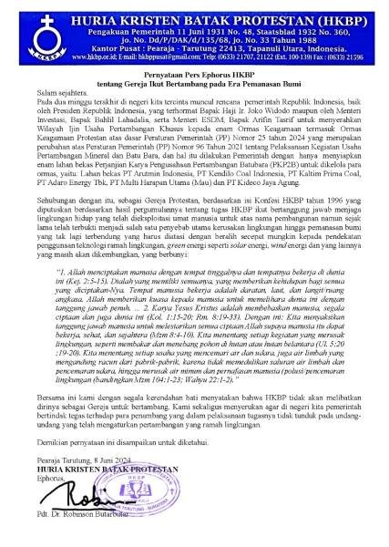 Pernyataan pers Ephorus HKBP tentang gereja ikut bertambang pada era pemanasan bumi.