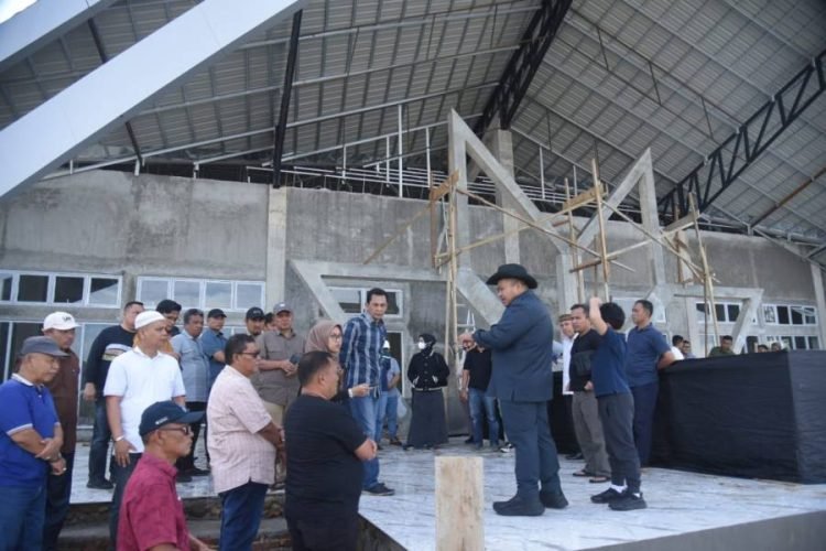 Bupati Tapsel Dolly Pasaribu saat melakukan peninjauan Gedung Astaka di Desa Tolang, Kecamatan Sipirok, Minggu (16/6/2024). (IST)