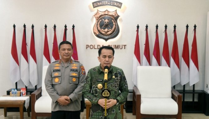 Pj Gubernur Sumut Agus Fatoni bertemu dengan Kapolda Sumut Agung Setya Imam Effendi di Mapolda Sumut, Jalan Sisingamangaraja, Medan, baru-baru ini. (Diskominfo Sumut)