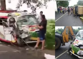 Mobil angkutan umum yang tabrakan dengan truk di lintas Perdagangan Kabupaten Simalungun.