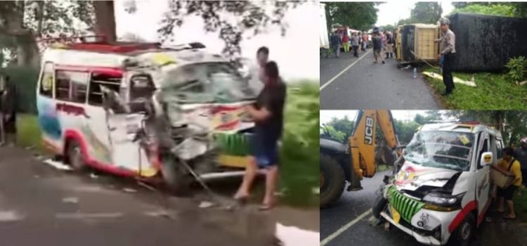 Mobil angkutan umum yang tabrakan dengan truk di lintas Perdagangan Kabupaten Simalungun.