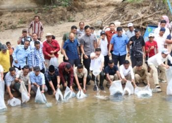 Bupati Tapsel Gus Irawan Pasaribu, Wakil Ketua DPRD Abdul Basith Dalimunthe bersama masyarakat Pargarutan Julu menebar benih ikan program Bupati 1.000 kolam. (IST)