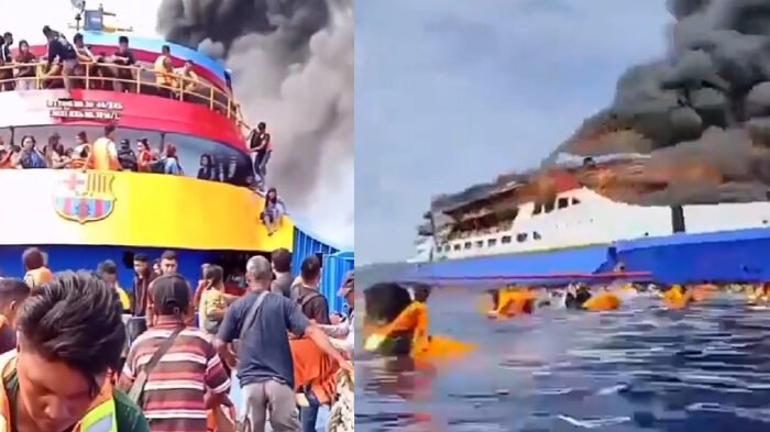 KM Barcelona 5 terbakar di Perairan Talise. 