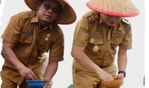 Wakil Bupati Tapsel Jafar Syahbuddin Ritonga bersama KTNA saat menanam jagung perdana di Desa Nanggar Jati Kecamatan Arse Kabupaten Tapsel. (IST)